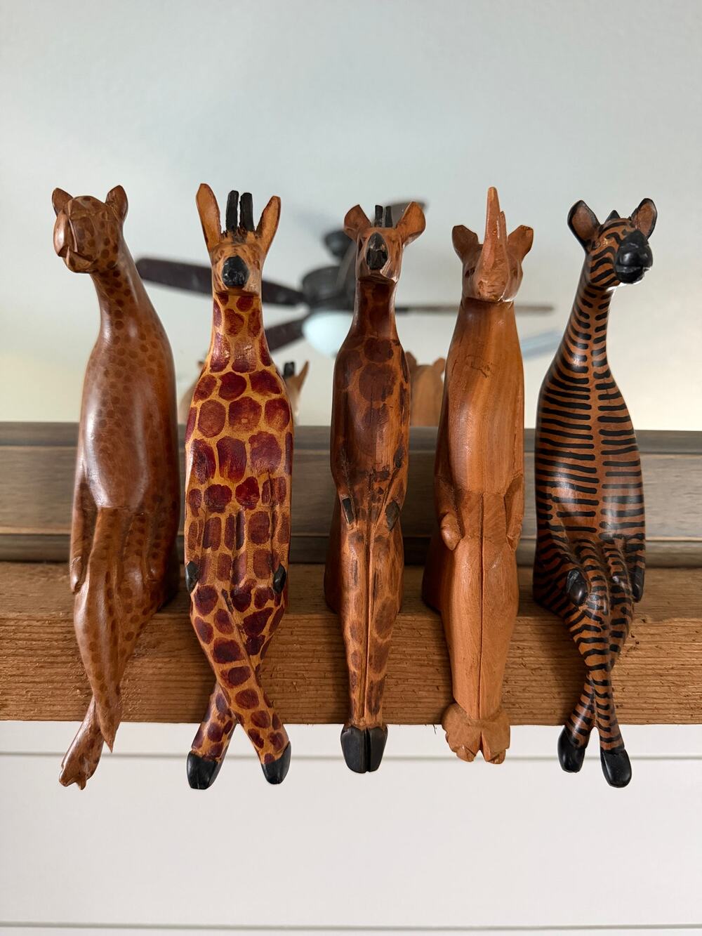 Vintage Carved Wood Safari Animal Shelf Sitters Set of 5 — Giraffe Zebra Rhino
